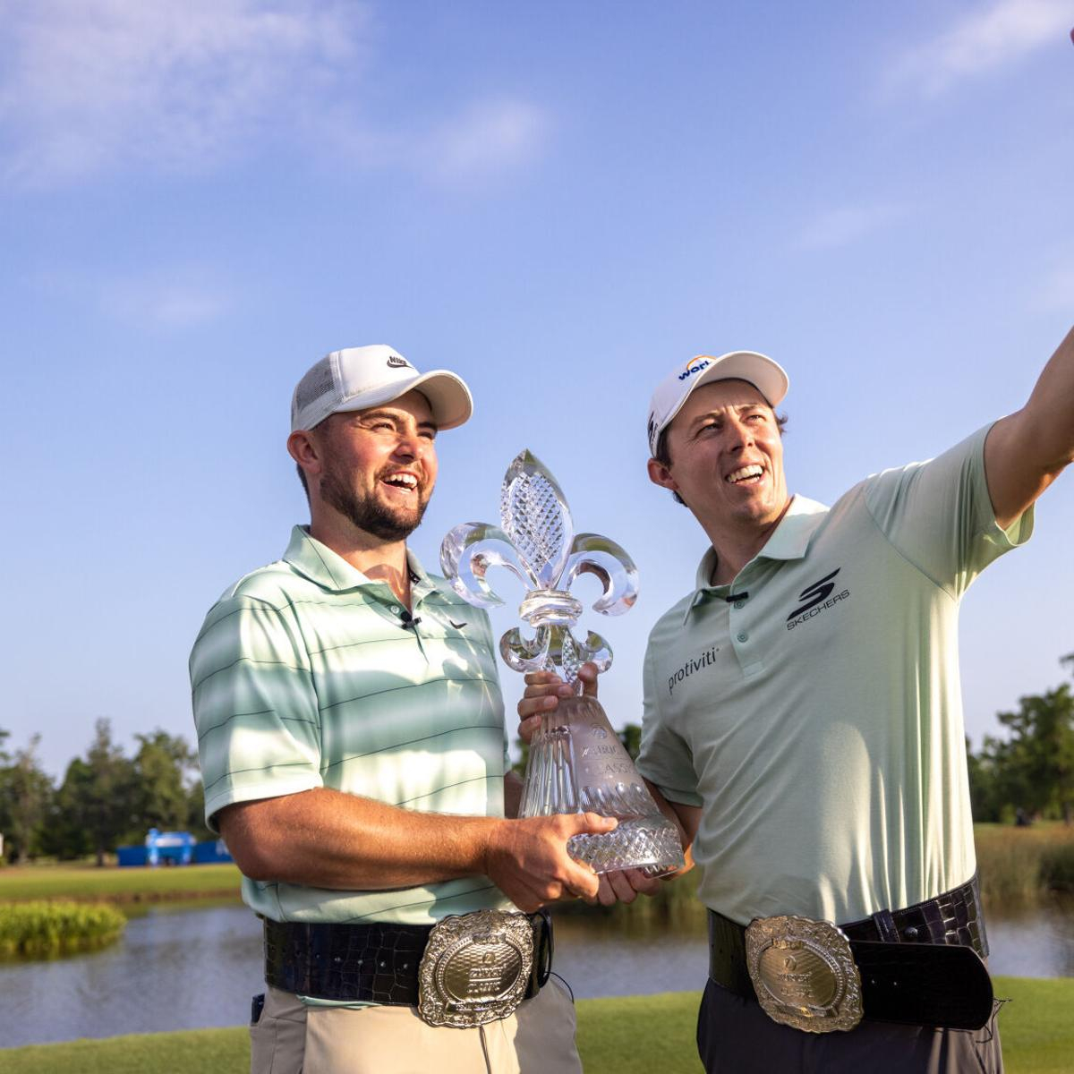 Fitzpatrick Brothers wearing Zurich Classic Champion Buckles made by Malcolm DeMille